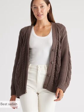 QUINCE WOMENS BROWN CABLE KNIT OVERSIZED CARDIGAN SWEATER SMALL COTTON